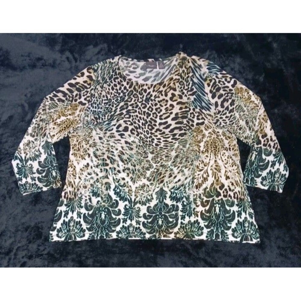 Chicos Travelers Slinky Knit Damask Ombre Blouse 2 Leopard Mixed Print Mob Wife